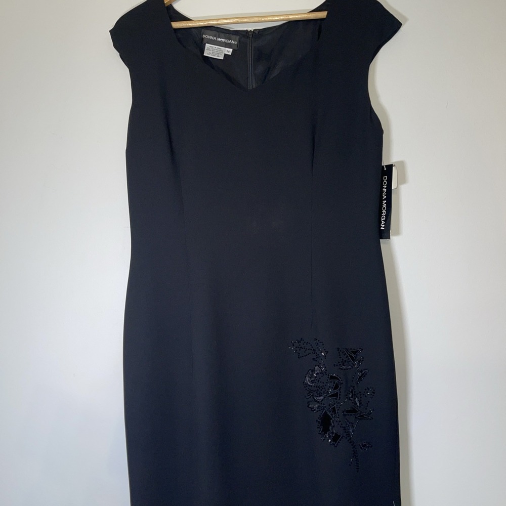 Donna Morgan Black Sheath Dress Size 14 Beaded Floral Sleeveless Cocktail NWT - Picture 3 of 8